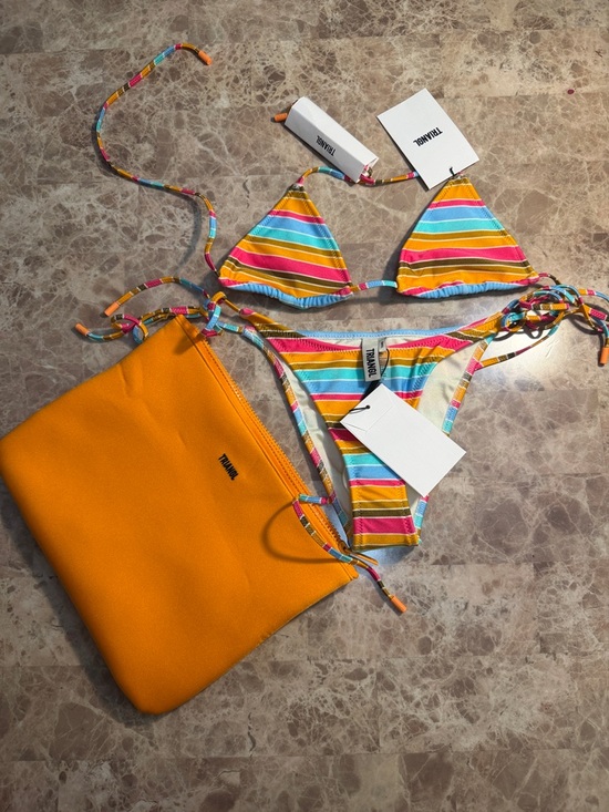 triangl swimwear Other - triangl swimwear Multicolor Striped Triangle Bikini with Orange Neoprene Pouch